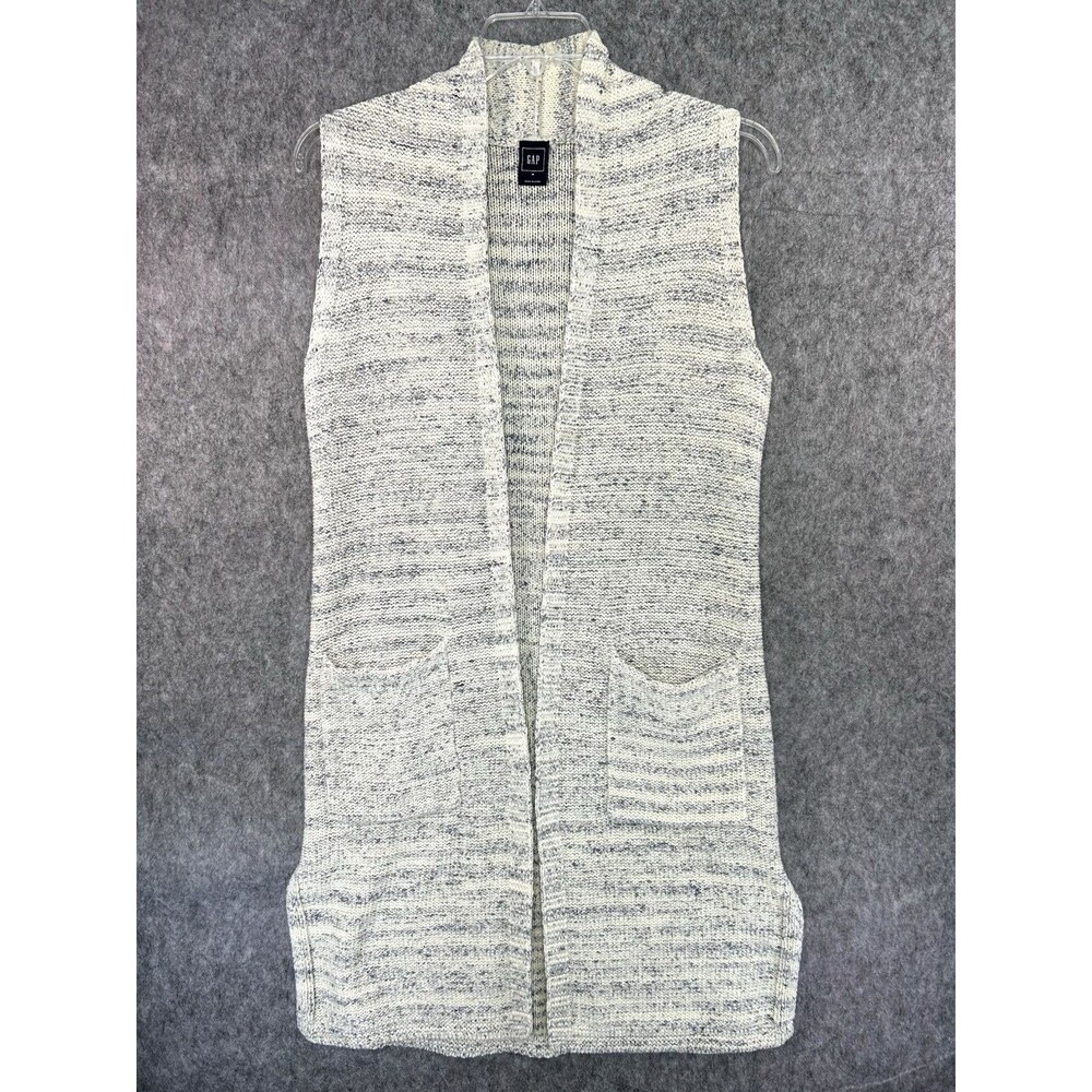 Gap Gray Ivory & Blue Sweater Vest Long Duster Open Cardigan Size M
